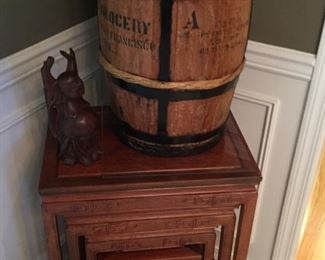 fabulous nesting carved tables-old soy sauce barrel, iron rings