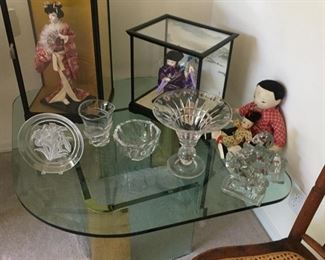 Hollywood Regency glass & brass table-Orrefors, New Martinsville etc