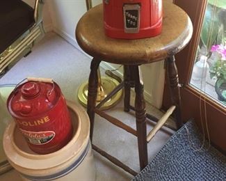 drafting stool-old gas can -crocks-gum ball machine filled with vtg. marbles