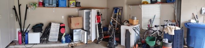 Two mini fridges, full size fridge, ladders, bikes, Washer