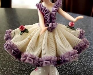 DRESDEN Germany Porcelain Ballerina w/ White & Purple Lace Figurine