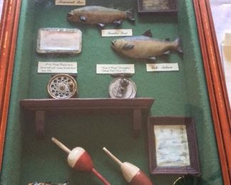 Fishing Shadow Box, 13" x 20" x2 1/2" D. Hardy Perfect Brass Faced Reel with Ivorine Handle circa 1896. Wood & Brass Nottingham Fishing Reel circa 1900.