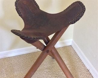 3 Legged Leather Stool, 22" H.