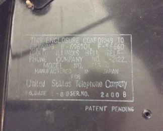 United States Telephone Company Model US-4 Serial No. 2400B, 1969, 9" H. 