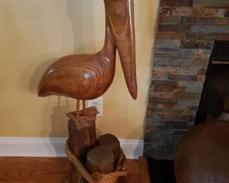 Tall Carved Wood Pelican Statue