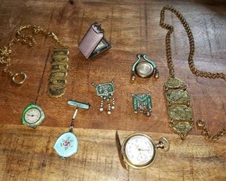 Antique Enamel Sterling Silver Watches, pendants, brooches by Bucherer and Eszeha, pocket watch and Antique Fobs