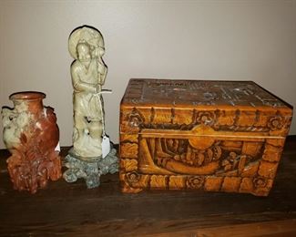 Chinese Soapstone and Carved Wooden Box