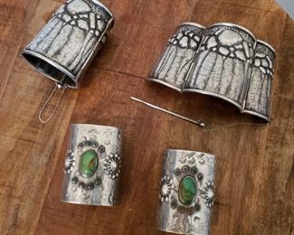 Antique Sterling Silver Bracer Wide Cuffs Renaissance numbered 3 and 4 of 6 made and also Native American wide cuffs 