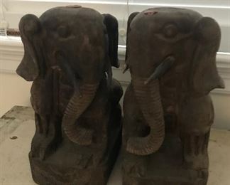 Wood Carved Elephant Bookends