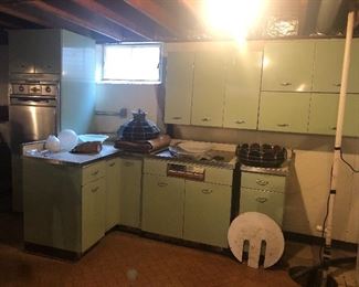Complete Mint Green 1950s kitchen cabinet set!