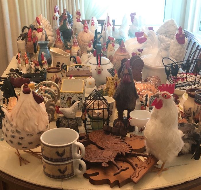 Roosters & Chickens, Glass, porcelain, Ceramic, cast Iron, Metal, Wood, feathered! Every kind you can imagine! 