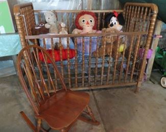 Jenny Lind crib (for re-purposing only), stuffed toys, rocker.