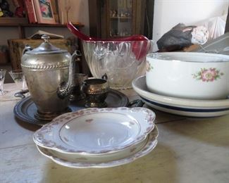 Hall, Roseville, silverplate tea set and a punch bowl 