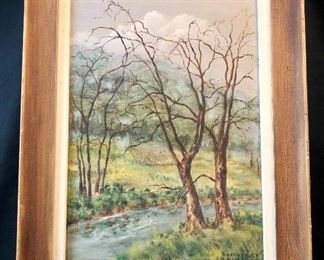 1960's Oil Painting on board of the Shepang River in Hodge Park, Roxbury, CT by Southbury Artist J. O. Hollister.