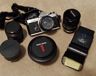 Olympus OM-2 Camera with Several Lenses, Filters and Accessories