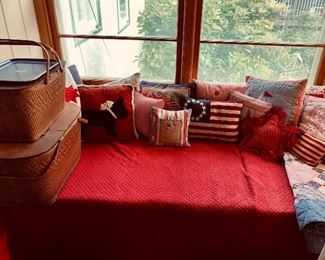 Vintage red, white and blue decorative pillows, seaside decor, vintage picnic baskets