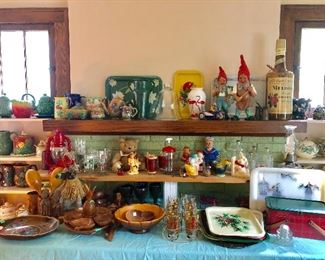 Vintage treasures!m. Gnomes, African art, metal trays, majolica style pitchers, more