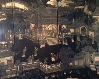 Large 19th Century carved 6-panel screen (tea scene)