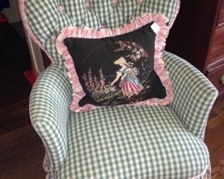 Coordinating custom upholstered bedroom chair with tufted heart-shaped back; darling needlepoint pillow