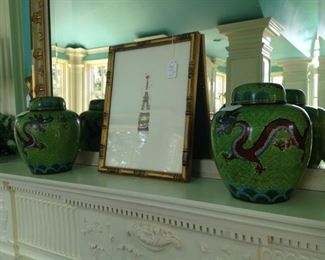 Green cloisonne jars with interior lids
