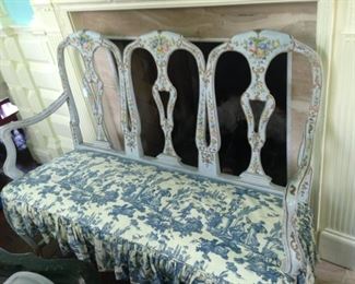 Delicately hand painted settee with blue & white toile upholstered seat