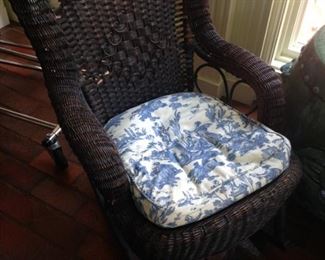 Antique rocker with blue & white toile fabric