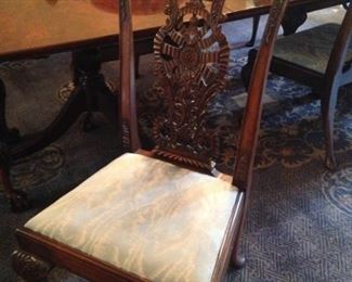 One of seven dining room chairs; each chair has individual plaques stating the maker: Chas. Walker & Sons, Ltd. Cabinet Makers, Harrogate.