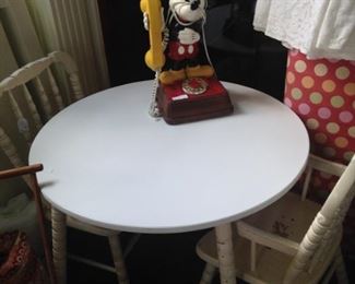 Child's table and chairs; Mickey Mouse phone