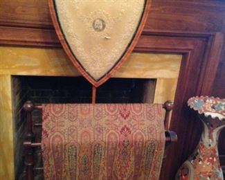 Antique satinwood pole screen; quilt/throw rack