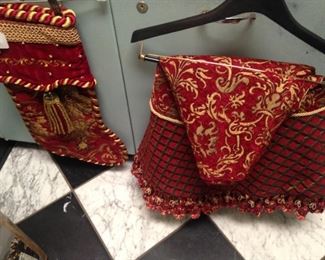 Red and gold stocking and Christmas tree skirt