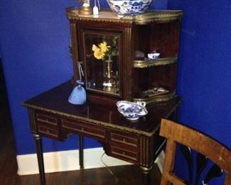 Antique “bonheur du jour” Napoleon style desk with beveled glass, marble top, and mounted brass (with key). (In French, bonheur-du-jour, means "daytime delight"; it is a type of lady's writing desk. )