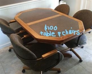 kitchen table, grey/black/wood 4 rolling chairs
