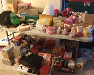 new in boxes table, crystal, christmas, valentines day, games, sewing kit, bath sets
