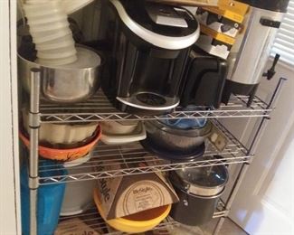 pots, pans, party size coffee maker, stainless steel bowls, pyrex, keurig coffee maker