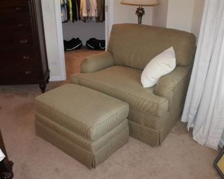 Walter E. Smithe upholstered arm chair and ottoman w/ striped fabric