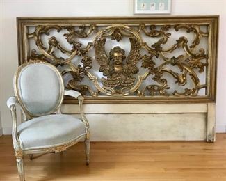 Ornate 19thC Castle Gilt Door MADE INTO KING HEADBOARD French SIde Chair