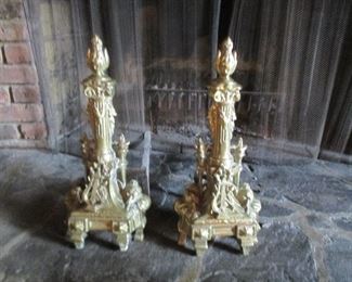 Antique Brass Andirons with Flame & Harp, selling on internet for $900+