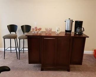 Expandable Bar, Rueven Style Glassware, Coffee Maker, and Bar Stools