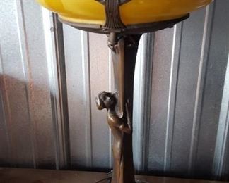 Brass table lamp with glass dome. Modern version of an art deco design.