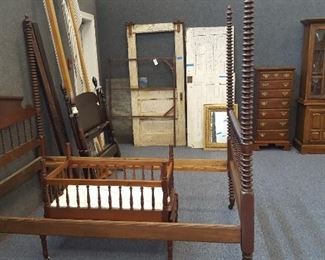 Spindle bed, cradle, vintage doors and barn wood