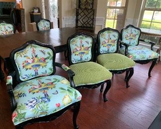 2 arm and 4 dining room chairs, covered in antique fabric.  Gorgeous!