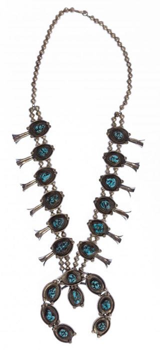 Native American Silver and Turquoise Squash Blossom Necklace