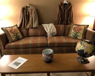 Upholstered Sofa w/Decorative Pillows; Fur Coat & Fur Sweater Coat
