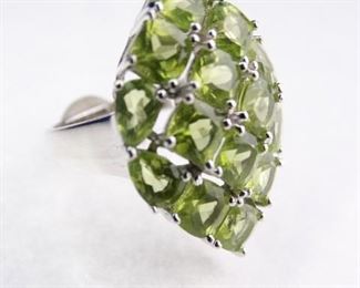 Silver & Green Stones Ring, Size 8