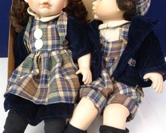 Plaid Dressed, Brunette, Sitting Porcelain Doll Duo