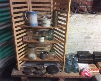 Salt glaze ware,tin bank boxes. Jars ,Irons,