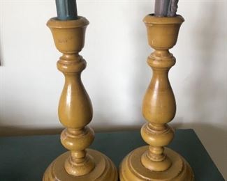 Vintage mustard painted candlestick holders