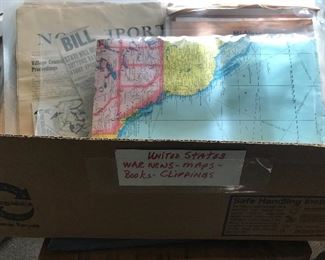 Vintage maps and antique local newspaper clippings
