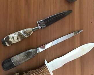 Carved bone letter opener, Petoskey stone letter opener