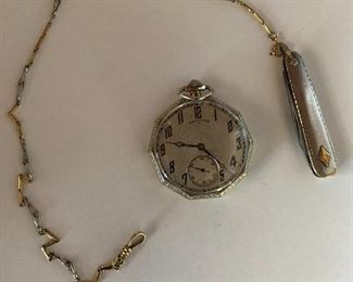 Antique Hamilton17 jewel 14K gold filled pocket watch with platinum and gold chain and platinum and gold pocketknife